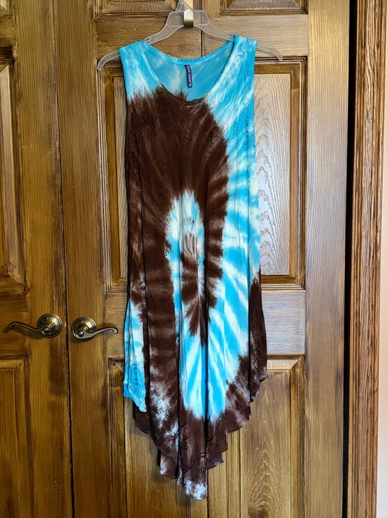 TRUE ROCK Dresses & Skirts - TRUE ROCK Turquoise & Chocolate Tie-Dye Tank Dress with Embroidered Detail